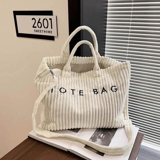 Simple Letter Soft Corduroy Shoulder Bags for Women Versatile Large Capacity Ladies Crossbody Bag Portable Female Handbags Tote PlatiNum