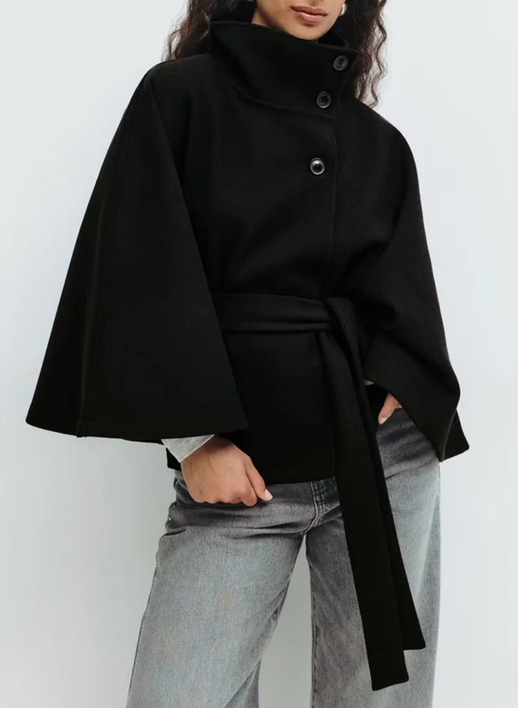Autumn And Winter New Fashion Solid Color Cloak Stand-up Collar Button Belt Windbreaker Jacket Women's Temperament Commuting Top
