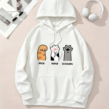 Three cat paw pattern printed hoodie, drawstring casual hooded sweatshirt, suitable for winter and autumn, women's clothing