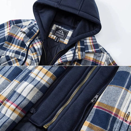 TACVASEN Men's Flannel Shirt Jacket with Removable Hood Plaid Quilted Lined Winter Coats Thick Hoodie Outwear Man Fleece Shirts