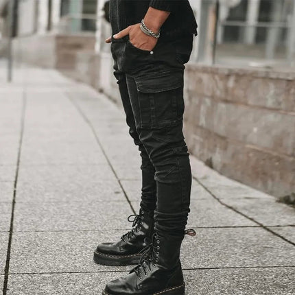 Street Elastic Jeans Men Denim Cargo Pants Wash Solid Color Multi Pockets Casual Mid Waist Trousers Slim Fit Daily Wear Joggers PlatiNum