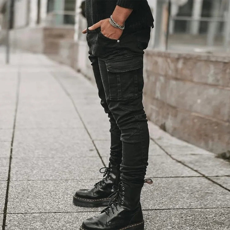 Street Elastic Jeans Men Denim Cargo Pants Wash Solid Color Multi Pockets Casual Mid Waist Trousers Slim Fit Daily Wear Joggers PlatiNum