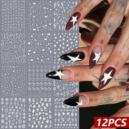12Pcs 3D Rainbow Bowknot Star Geometry Lines Nail Stickers Love/Frame/Flower Self-Adhesive Nails Sliders 8*10cm Manicure Decals