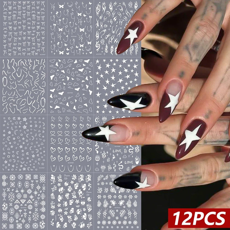 12Pcs 3D Rainbow Bowknot Star Geometry Lines Nail Stickers Love/Frame/Flower Self-Adhesive Nails Sliders 8*10cm Manicure Decals