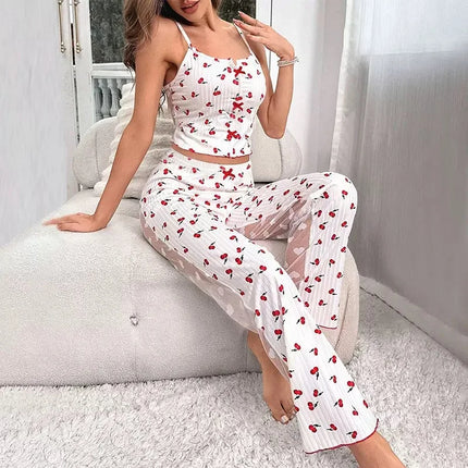 Set lounge con pannello in rete trasparente: top sexy a maniche corte e pantaloni palazzo |   Indumenti da notte con stampa floreale