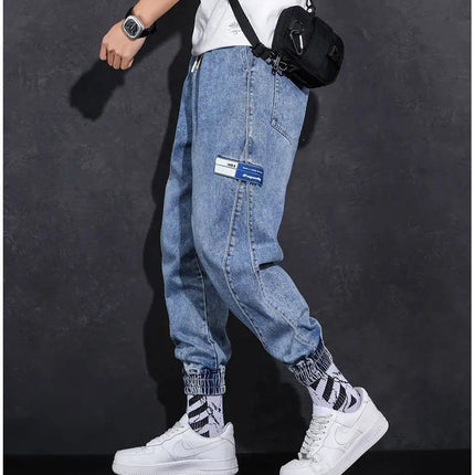 Loose Elastic Waist Denim Jeans for Men 2024 Fashion Casual Spring Workwear Foot-Tied Pants with Brand Workwear Baggy Trousers PlatiNum