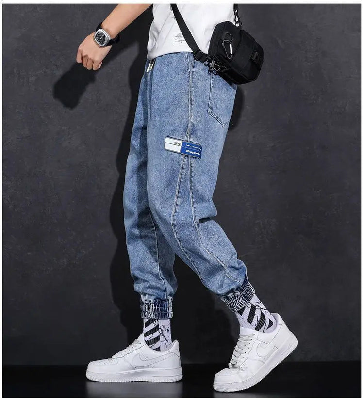 Loose Elastic Waist Denim Jeans for Men 2024 Fashion Casual Spring Workwear Foot-Tied Pants with Brand Workwear Baggy Trousers PlatiNum