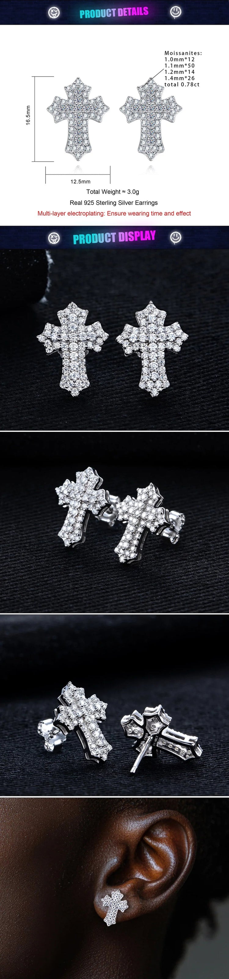 MossanRappr 0.78cttw Moissanite Iced out Croce Orecchini a bottone in argento sterling 925 D Colore Gioielli eleganti e alla moda per uomo platinumshop
