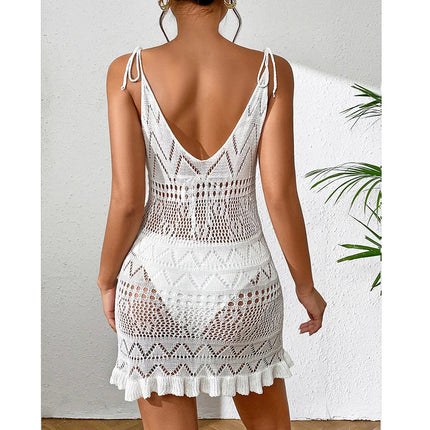 Abito da donna in tinta unita senza maniche con scollo all'americana, per le vacanze estive, bikini lavorato a maglia, copricostume, abiti da spiaggia alla moda senza schienale platinumshop