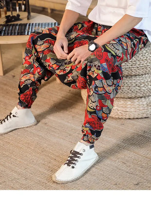 Pantaloni Harem da Uomo 2026 Stile Retrò con Stampa, Pantaloni Jogger Larghi e Comodi con Cavallo Ribassato, Stile Nepal Oversize, Pantaloni Casual da Uomo con Cavallo Ribassato