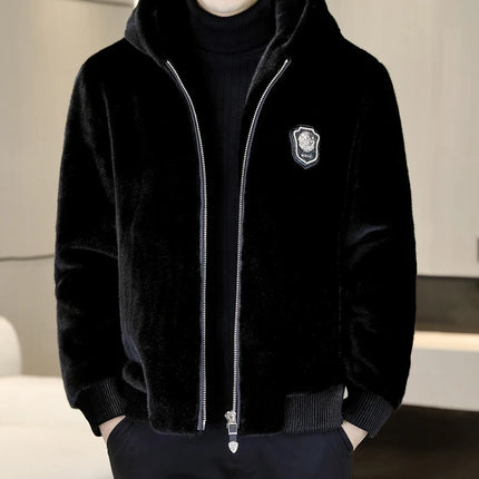 Autumn Winter Faux Fur Hooded Jacket Men Fashion Social Faux Mink Fur Casual Business Jacket Thick Warm Outdoor Windproof Coat