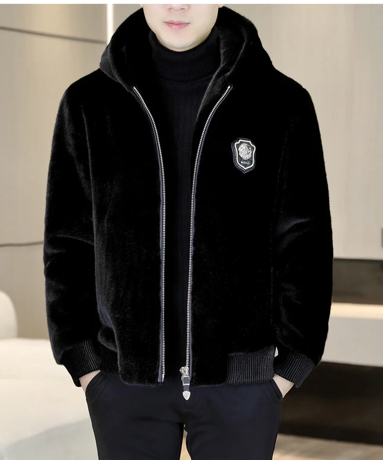 Autumn Winter Faux Fur Hooded Jacket Men Fashion Social Faux Mink Fur Casual Business Jacket Thick Warm Outdoor Windproof Coat