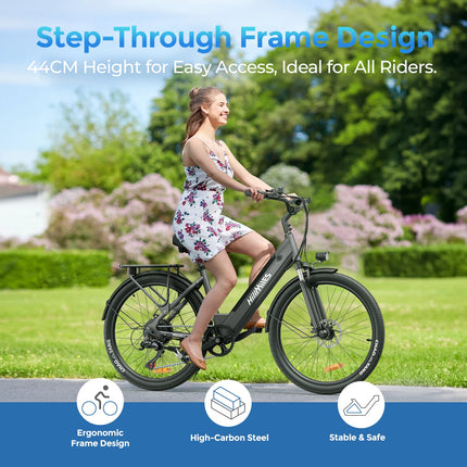 HillMiles MileCity 1 Bicicletta Elettrica Step-Through da 26 Pollici, E-Bike con Autonomia di 120 km, Motore da 250W, Batteria 36V 13Ah, 25 km/h, Cambio a 7 Velocità, Freni a Disco, Bici Elettrica per Pendolarismo Urbano, Sp