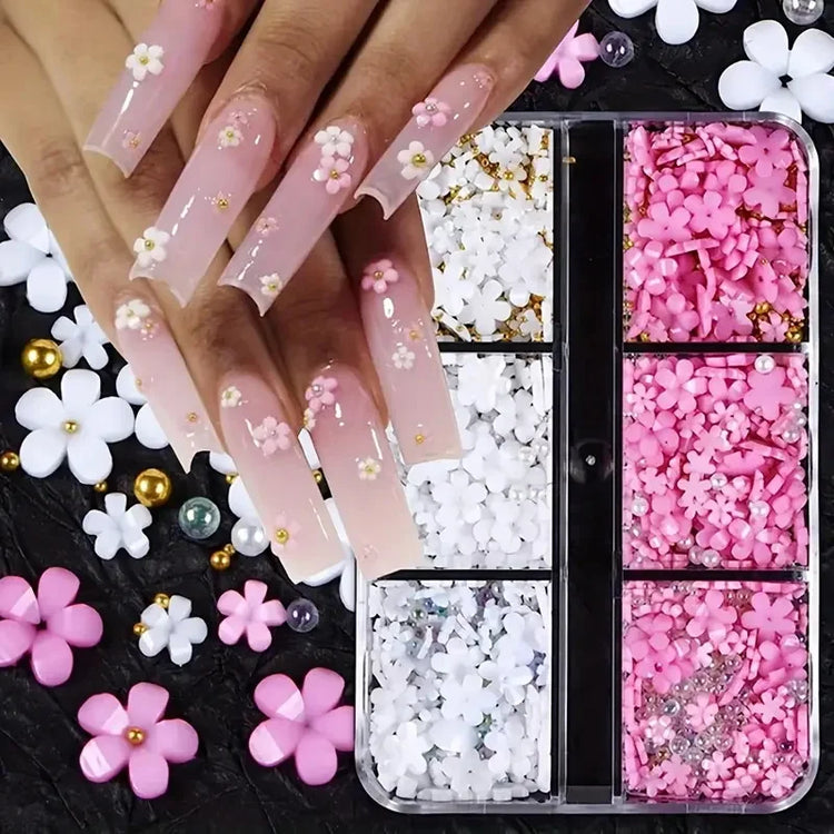 1 Box Pink White Series Bow Heart Nail Charms 3D Arcylic Nail Art Decorations Pearl 5-petal Flower Jewelry Manicure Accessories*
