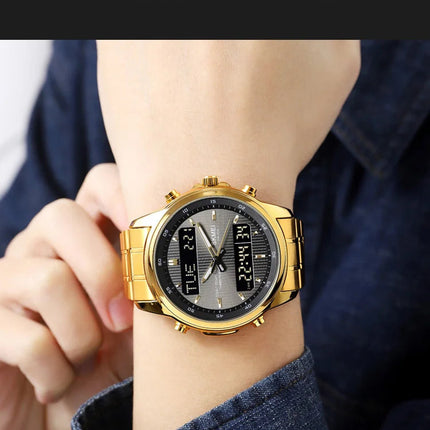 Skmei orologio da polso analogico al quarzo da uomo cinturino in acciaio inossidabile di lusso Led impermeabile digitale sportivo sveglia a tre fusi orari platinumshop