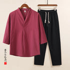Set da due pezzi da uomo in cotone di lino confortevole (camicie + pantaloni) stile cinese retrò a maniche corte da uomo casual vestito di linguetta pantaloni Kungfu
