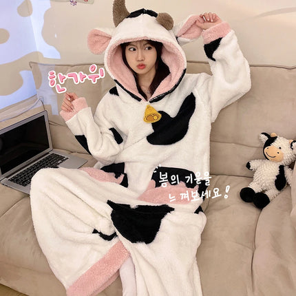 Women Onesie Kigurumis Cow Pajamas Adult Female Winter Sleepwear Zipper Hooded  Jumpsuits Thick Soft Warm Fleece Pijama Mujer