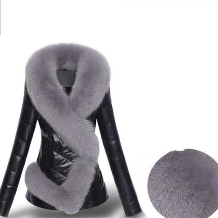 High quality Fashion Women Leather Jacket Short Faux Fox Fur Collar Slim Thick Warm Winter Coat Overcoat Motorcycle clothing