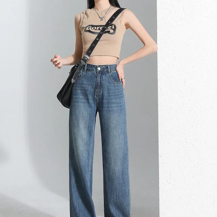 Jeans da donna in seta ghiaccio, nuovi, estivi 2026, in denim sottile e morbido, a gamba dritta e larga, modello baggy, versatili, blu ﻿