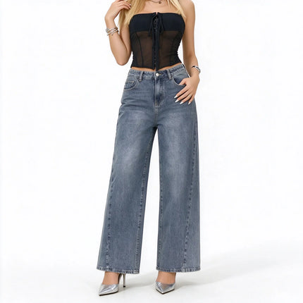 Women's Low Waist Wide Leg Jeans, Grey Blue Washed Denim, Stretchy, Casual Fashion Wide Leg Pants for Female,Yw-1918