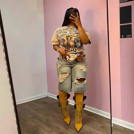 Europe America Summer New High-waisted Loose, Vintage, Ripped Denim Mid-length Straight-leg Wide-leg Pants. Casual Denim Shorts PlatiNum