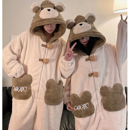 Winter Pajamas Cartoon Bear Costume Pijama Kawaii Adult Couples Kigurumis Sleepwear Jumpsuits Coral Fleece Loose Warm Homewear