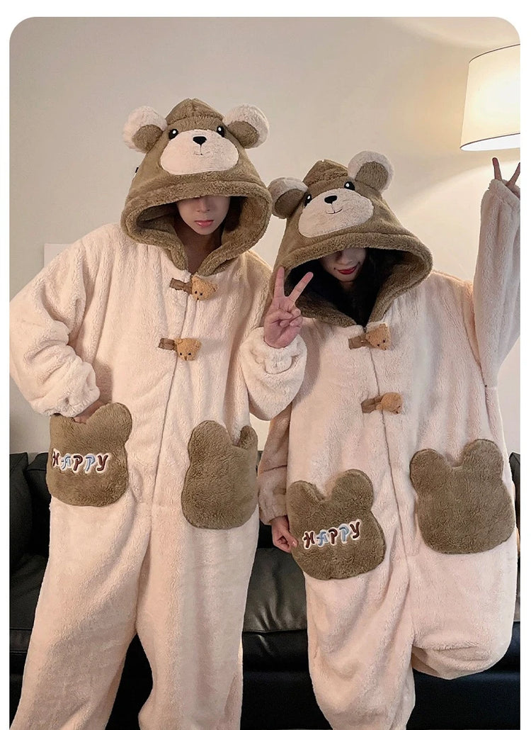 Winter Pajamas Cartoon Bear Costume Pijama Kawaii Adult Couples Kigurumis Sleepwear Jumpsuits Coral Fleece Loose Warm Homewear
