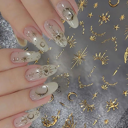3D Bronzing Gold Moon Star Nail Art Stickers Retro Bohemia Sun Moon Star Nails Designs Self-Adhesive 3D Luxury Nail Decorations