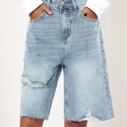 Benuynffy Bf Style Raw Hem Denim Shorts Women's Streetwear High Waist Hip Hop Loose Ripped Straight Wide Leg Half Shorts Jeans PlatiNum