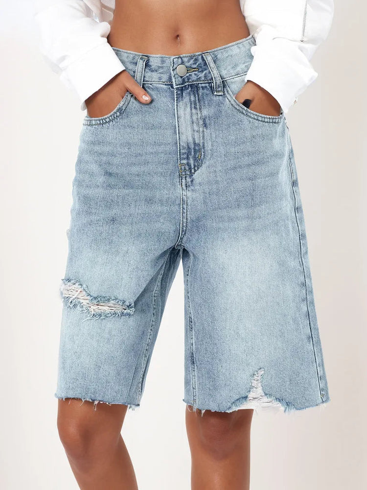 Benuynffy Bf Style Raw Hem Denim Shorts Women's Streetwear High Waist Hip Hop Loose Ripped Straight Wide Leg Half Shorts Jeans PlatiNum