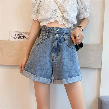 Women's summer thin denim shorts with loose fit high waist slimming effect wide legs and rolled edge hot pants for outerwear PlatiNum