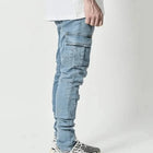 Men's street elastic workwear jeans washed solid color multi pocket casual mid waist pants slim fit daily wear jogging pants PlatiNum