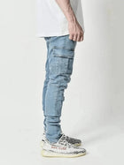 Men's street elastic workwear jeans washed solid color multi pocket casual mid waist pants slim fit daily wear jogging pants PlatiNum