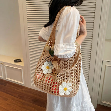 Women's Large Capacity Knitted Tote Bag Fashionable Summer Beach Bag Lightweight Casual Chic Hobo Top Handle Shoulder Bag