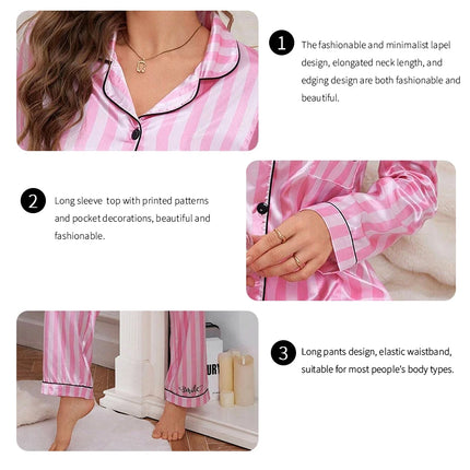 Pigiama da donna in raso con stampa a righe Victoria Autunno Manica lunga Bottoni Risvolto Top e pantaloni Indumenti da notte Comfort Indumenti da notte dalla vestibilità rilassata