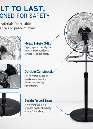 Ventilatore in metallo 50W 3 in 1 regolabile in altezza, da pavimento, tavolo e parete, fino a 130 cm, per uso domestico