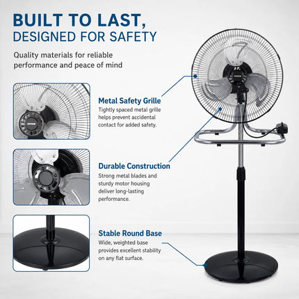 Ventilatore in metallo 50W 3 in 1 regolabile in altezza, da pavimento, tavolo e parete, fino a 130 cm, per uso domestico