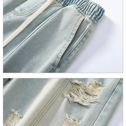 Jeans strappati estivi da uomo Gamba dritta ampia Retro da uomo Disegna corda Porta Pantaloni casual tutto-fiammifero di marca di moda