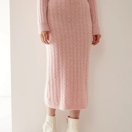 Autumn Winter 100% Cashmere Skirt Women Soild Mid-calf  High Waist Twist Flower Fit Slimming Knitted Dress  Light Luxury Elegant PlatiNum