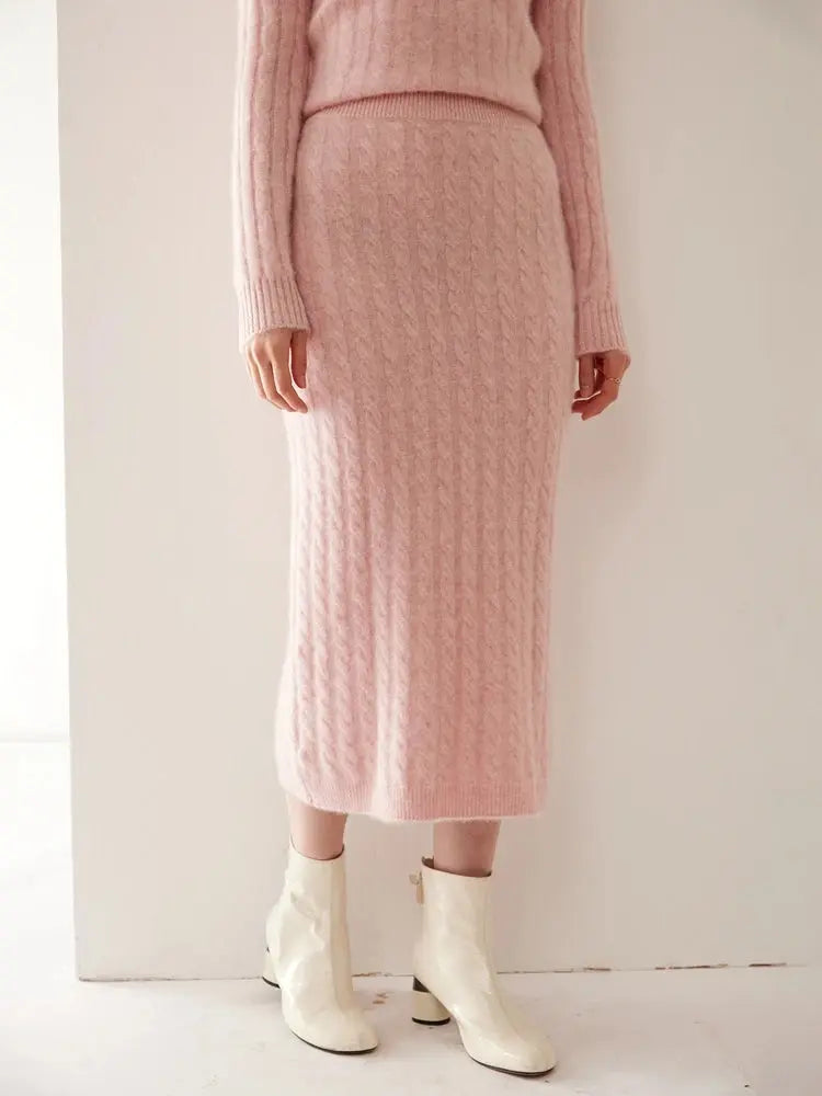 Autumn Winter 100% Cashmere Skirt Women Soild Mid-calf  High Waist Twist Flower Fit Slimming Knitted Dress  Light Luxury Elegant PlatiNum