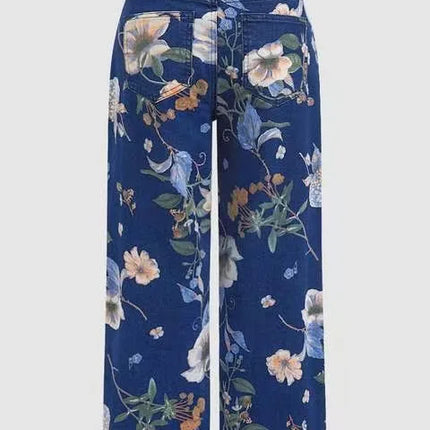 Jeans da donna con stampa Pantaloni a gamba larga Tasche a vita alta a tutta lunghezza Pantaloni dritti lavati in denim effetto consumato Casual invecchiato
