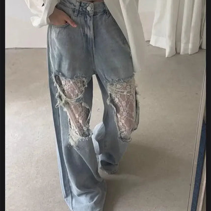 Jeans a Vita Alta e Gamba Larga per Donna, Pantaloni in Denim Estivi con Patchwork in Pizzo e Grandi Fori | Pantaloni Casual Retrò per Donna