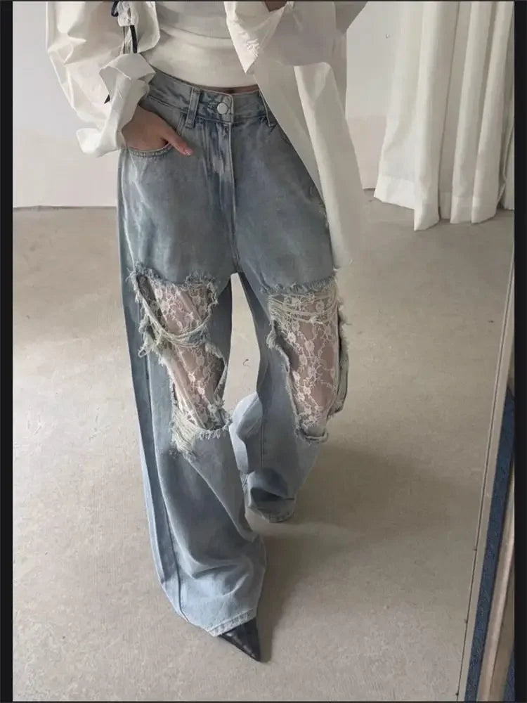 Jeans a Vita Alta e Gamba Larga per Donna, Pantaloni in Denim Estivi con Patchwork in Pizzo e Grandi Fori | Pantaloni Casual Retrò per Donna