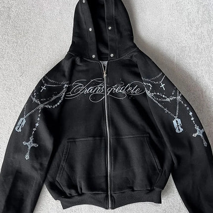 Winter Fashion Streetwear Women's Gothic Punk Faux Fur Hooded Jacket With Cross Print Trendy Edgy Zip - Up Sweatshirt 2026 New