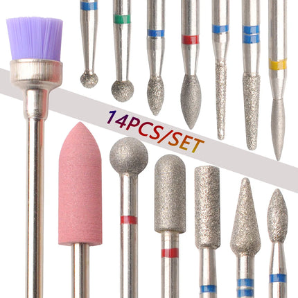 14Pcs Set Rotary Grinding Buffer Polisher Replacement Nail Drill Bit Kit For Gel Nail Removal Manicure Pedicure Machine Salon Household Nail Treatment