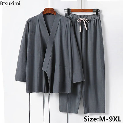 2025 Men's Summer Cotton Linen Two Pieces Chinese Style Lace Up Kimono Tops+Pants Casual Suit Male Vintage Hanfu Tang Suit M-9XL PlatiNum
