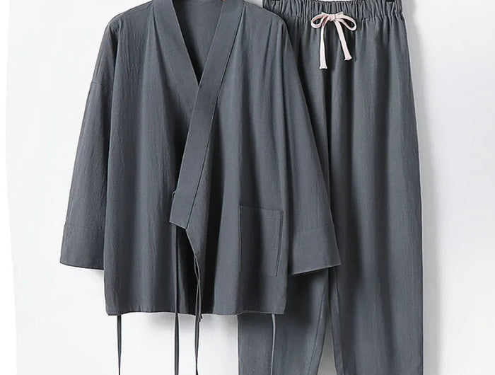 2025 Men's Summer Cotton Linen Two Pieces Chinese Style Lace Up Kimono Tops+Pants Casual Suit Male Vintage Hanfu Tang Suit M-9XL PlatiNum