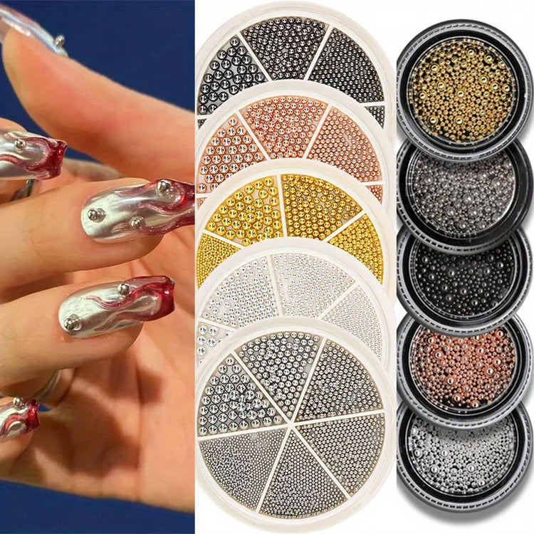 6 Grids Nail Art Tiny Steel Caviar Beads 0.8-1.5mm Mixed Size 3D Design Rose Gold Silver Jewelry Manicure DIY Decoration