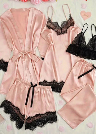 Pigiama da notte in raso da donna Set pigiama rosa Lingerie sexy Accappatoio Patchwork di pizzo Abito da notte in seta Pantaloni Indumenti da notte vestiti per la casa