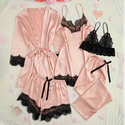 Pigiama da notte in raso da donna Set pigiama rosa Lingerie sexy Accappatoio Patchwork di pizzo Abito da notte in seta Pantaloni Indumenti da notte vestiti per la casa